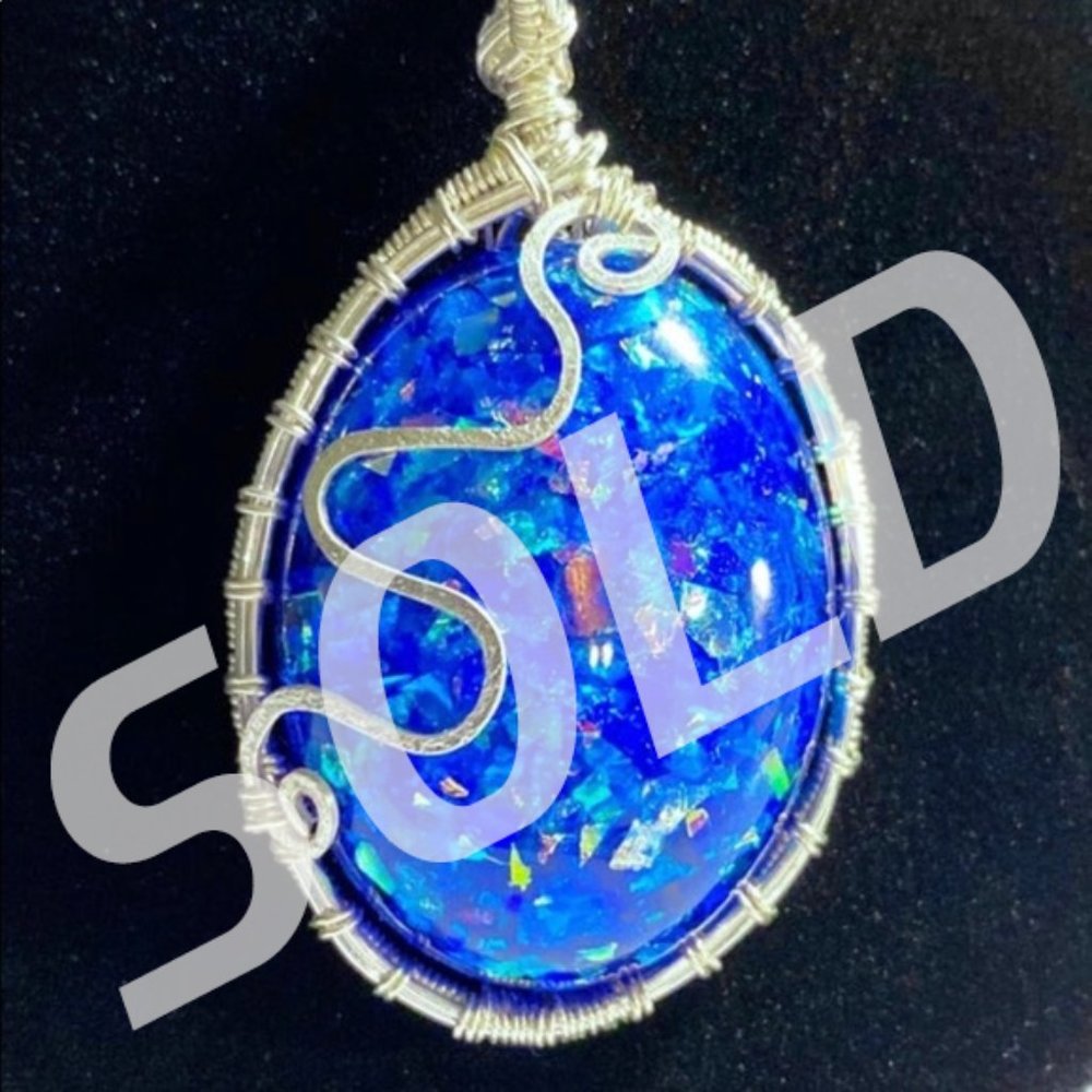 New Blue Opal Silver Wrapped Pendant Necklace